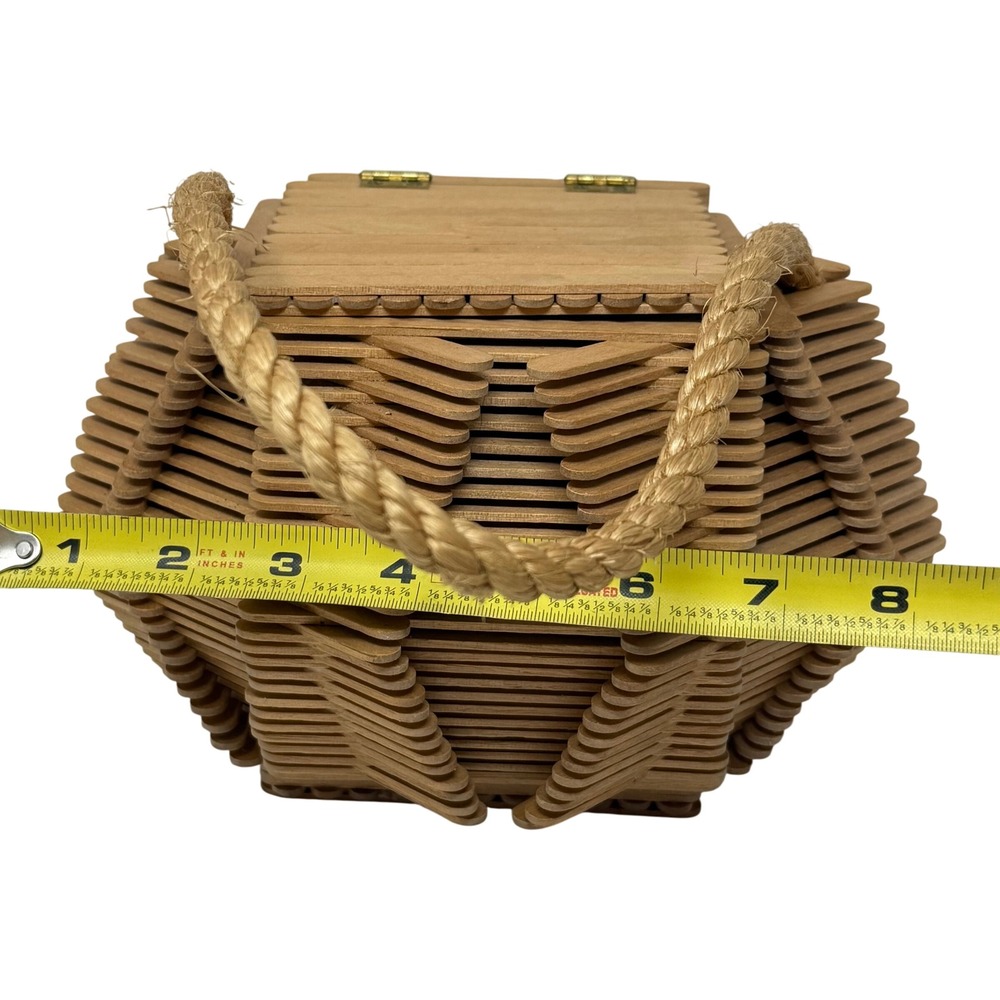 Popsicle Stick‎ Tramp Art Box Bag Novelty Wood Purse Handmade Basket Storage - Picture 8 of 9